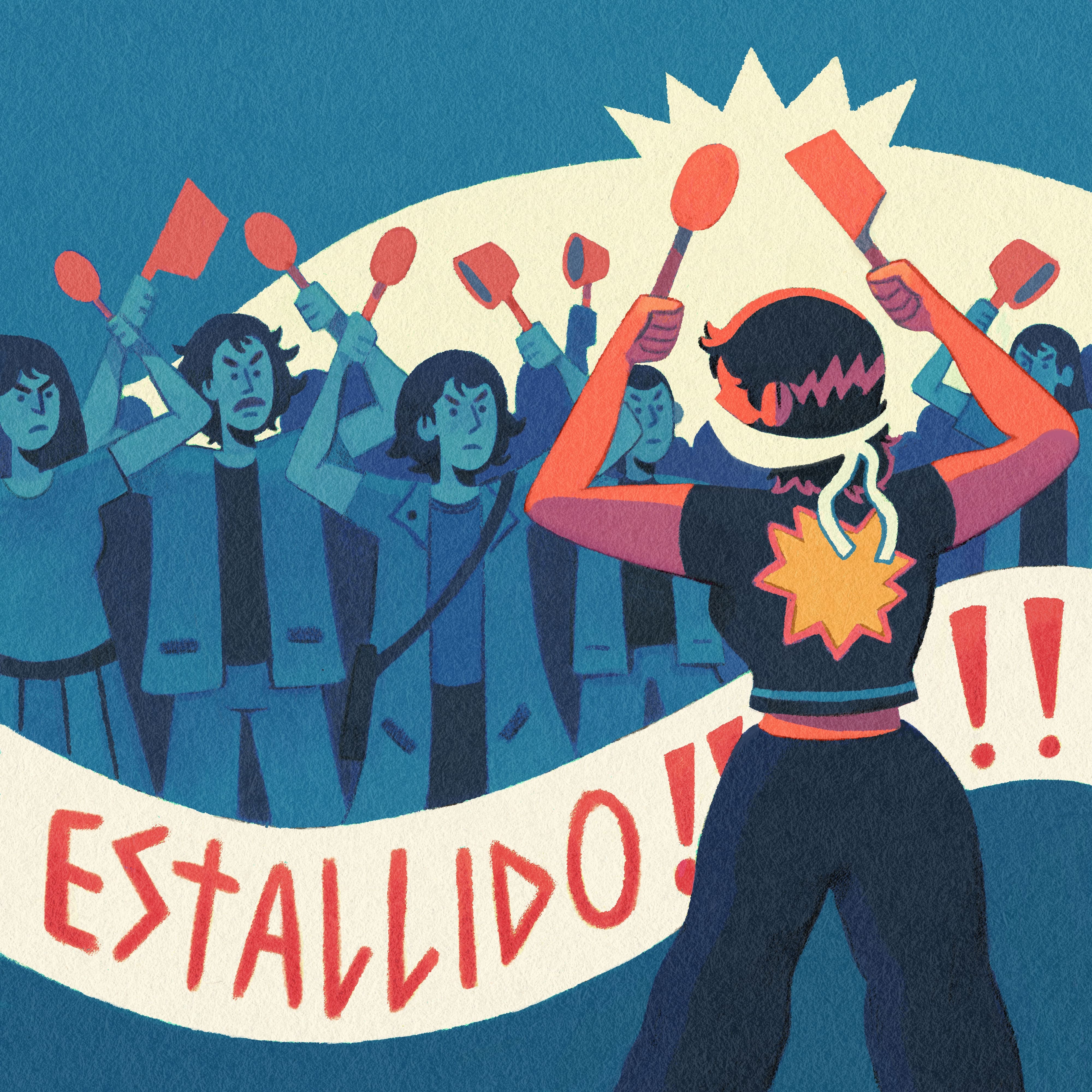 Person with megaphone leading protest with sign reading Estallido