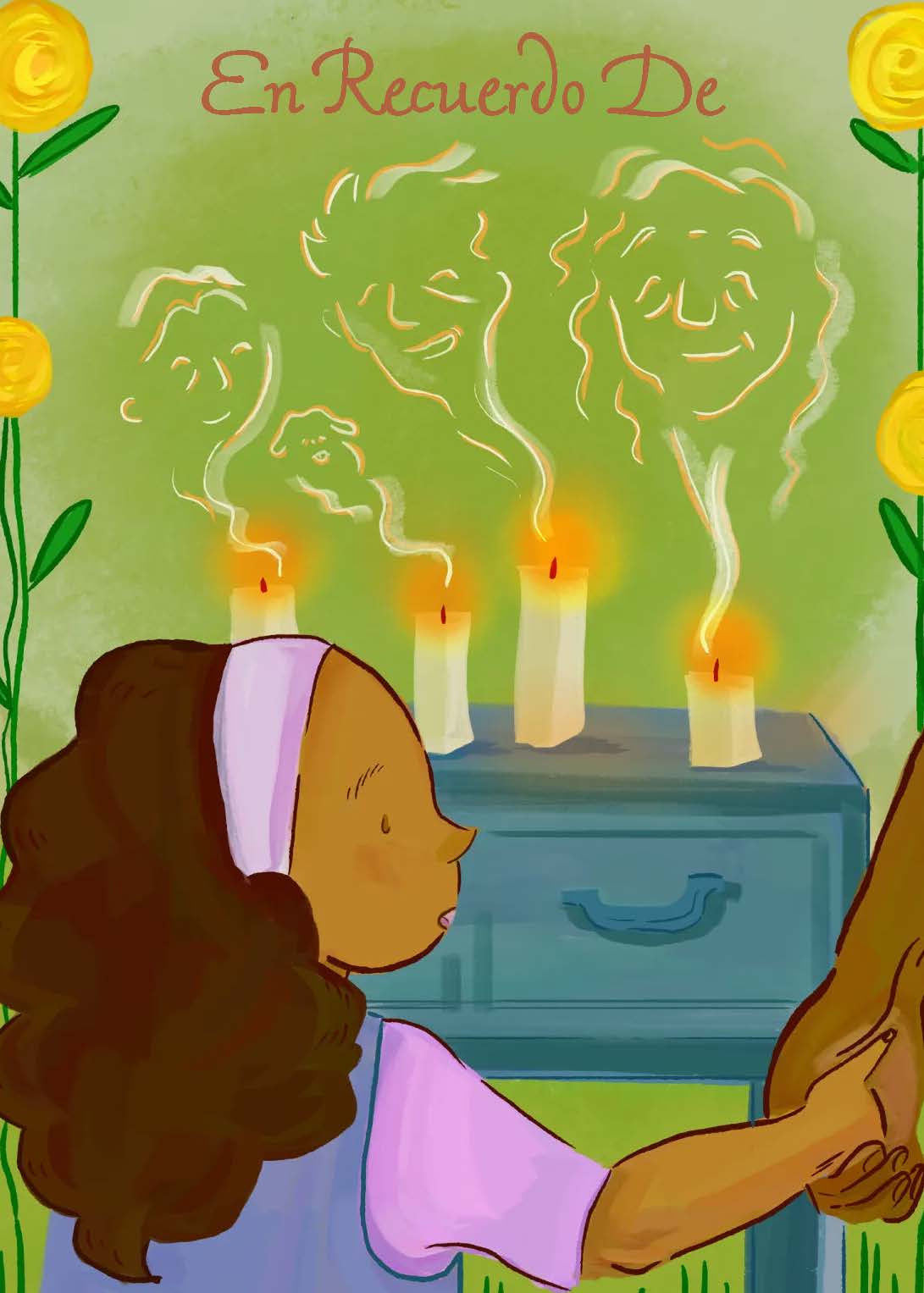 En Recuerdo De cover showing a child holding an adult’s hand before an altar with candles, smoke portraits, and yellow flowers